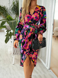 Printed Tie Front Lantern Sleeve Dress