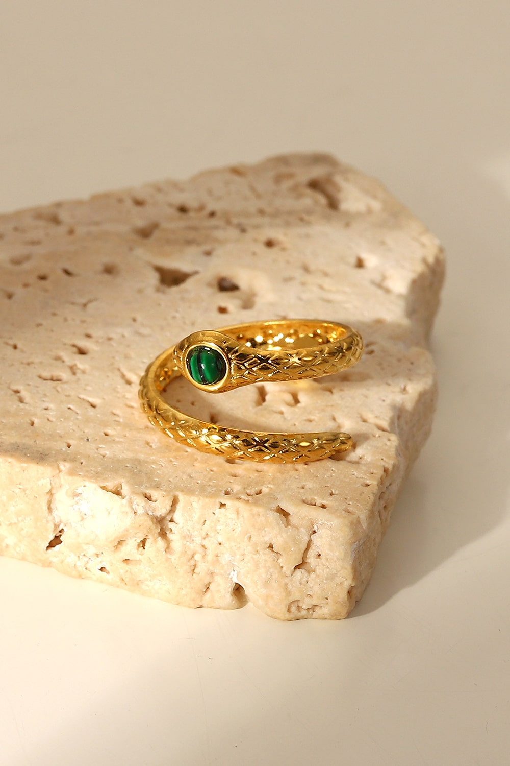 Snake Ring, 18K Gold Plated Charmer Malachite Snake-Shaped Bypass Ring