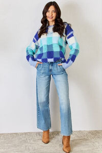 Checkered Round Neck Long Sleeve Fashion Sweater