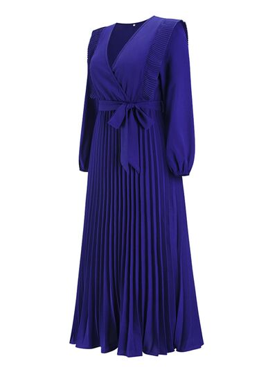 Long Sleeve Maxi Dress Pleated Surplice Waist Tie Midi