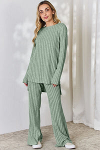 Matching Fashion Set  Ribbed High-Low Long Sleeve T-Shirt and Wide Leg Pants Set Casual Wear and Loungewear