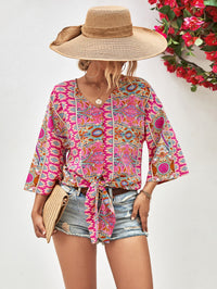 Boho Tie Hem V-Neck Three-Quarter Sleeve Blouse