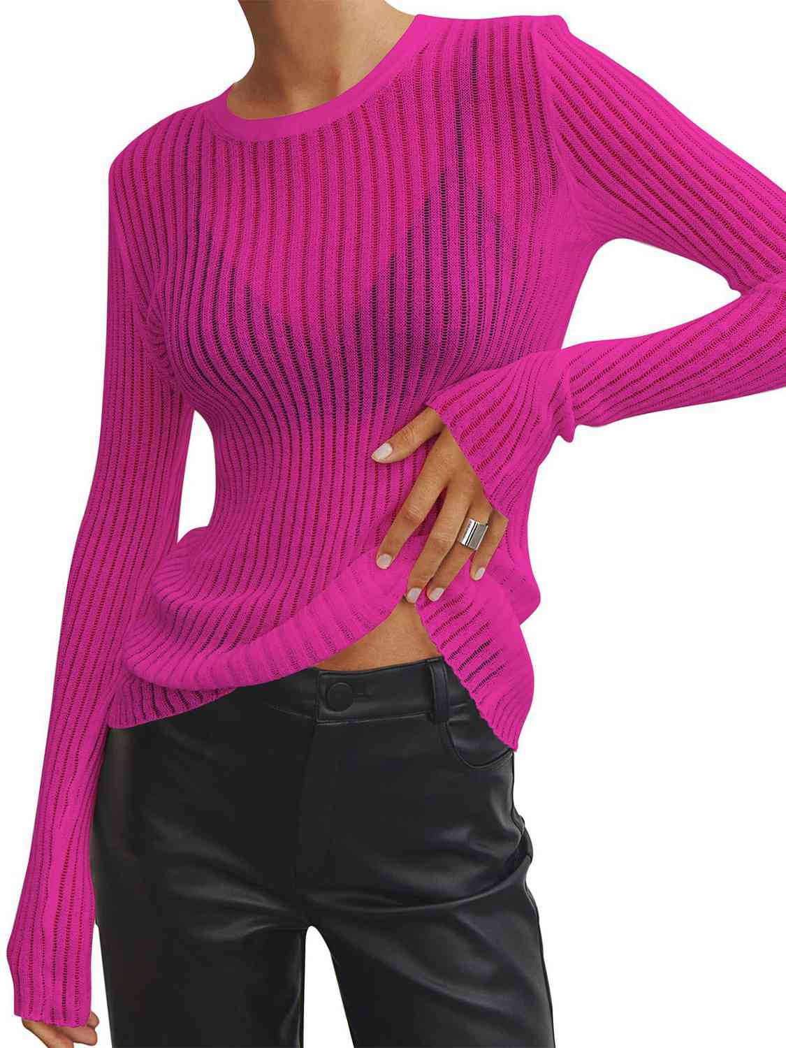 Women's Cotton Sheer See Through Round Neck Long Sleeve Ribbed Knit Top