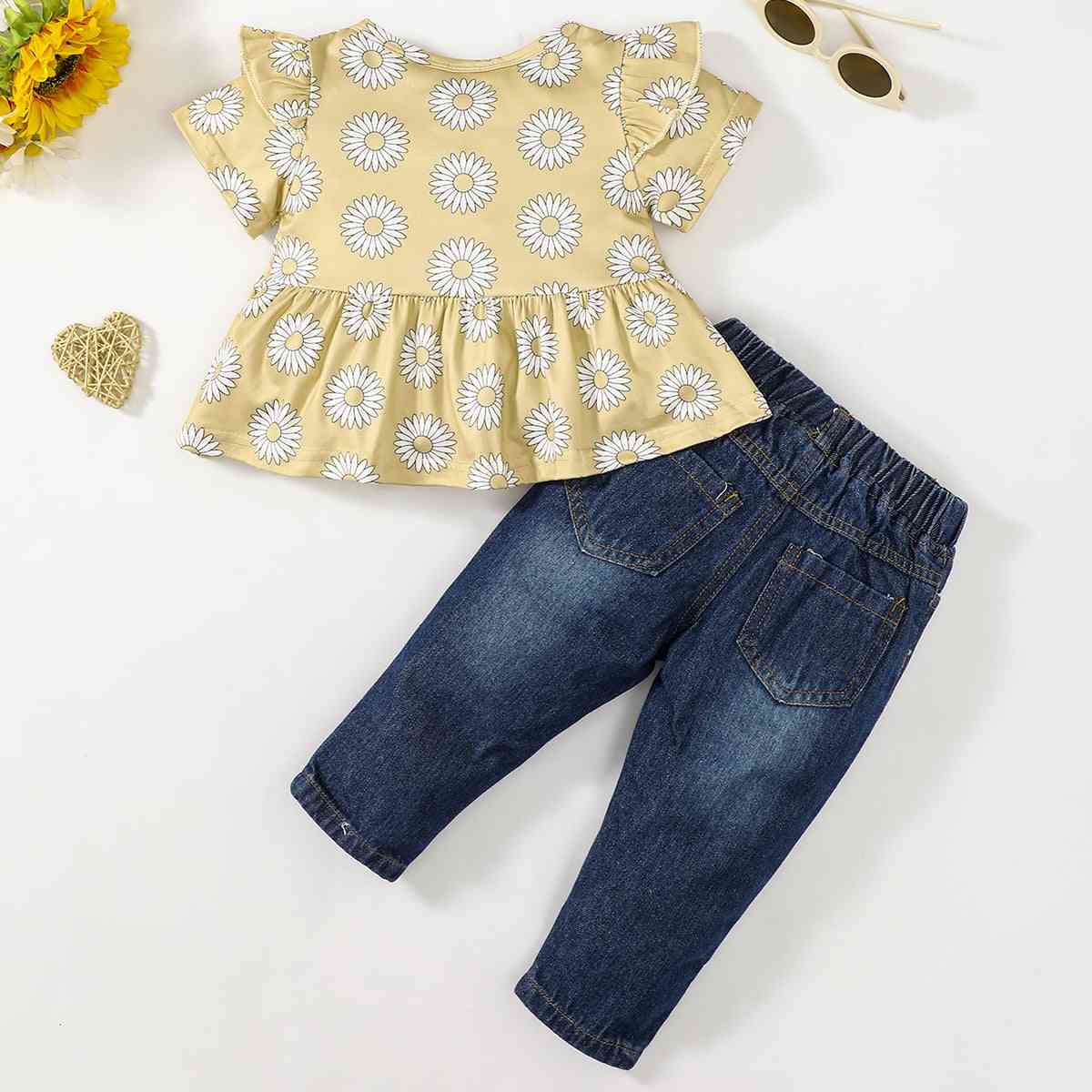 Floral Ruffle Shoulder Babydoll Top and Jeans Set Baby Fashion Girls Fashion for Babies