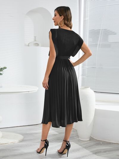 Round Neck Tie -Waist Pleated Short Sleeve Midi Dress Womens Fashion