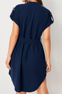 Women's Work Dress Casual Solid Color V Neck Waist Tied Notched Short Sleeve Dress