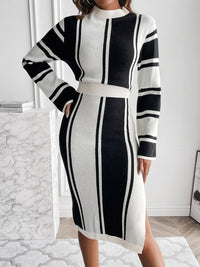 Black and White Slit Striped Mock Neck Sweater Dress