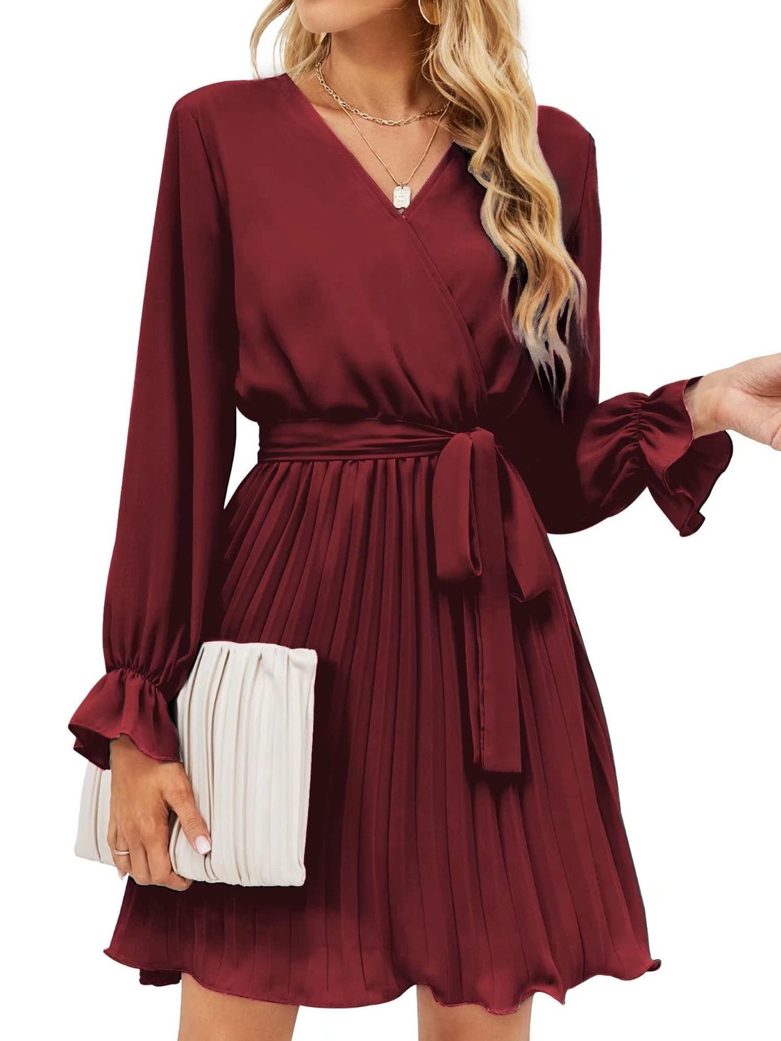 Long Sleeve Short Dress Women's Fashion Surplice Flounce Sleeve Pleated Mini Dress KESLEY