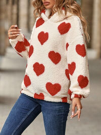 Fuzzy Heart Pocketed Dropped Shoulder Fashion Sweater Hoodie