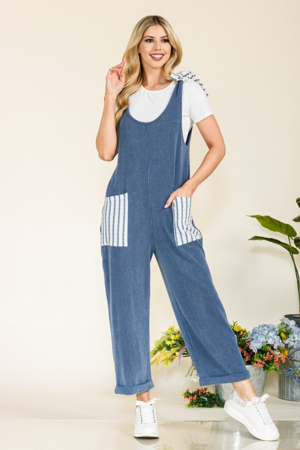 Women's Stripe Contrast Pocket Rib Jumpsuit Long Pants Romper Petite and Plus Size Fashion