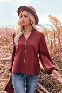 V-Neck Balloon Sleeve Button-Up Blouse