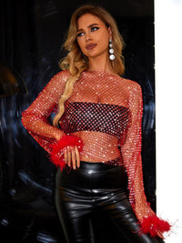 Red Fishnet Top with Feathers Party Shirt Women's Fashion Sexy Openwork Long Sleeve Blouse