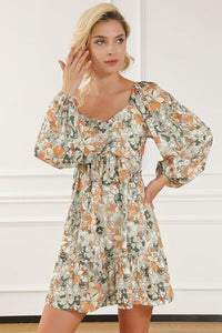 Printed Balloon Sleeve Ruffle Hem Mini Dress, Long Sleeve Dress