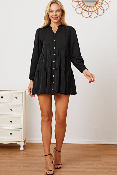 Ruffled Button Up Long Sleeve Tiered Shirt Dress