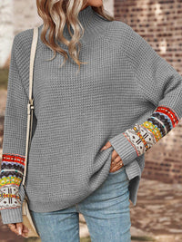 Grey Geometric Turtleneck Long Sleeve Slit Sweater