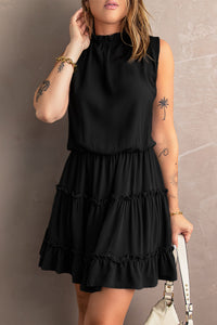 Tie Neck Frill Trim Sleeveless Mini Dress