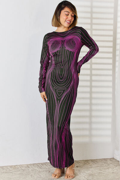 Anatomy Design Cutout Round Neck Long Sleeve Backless Maxi Dress