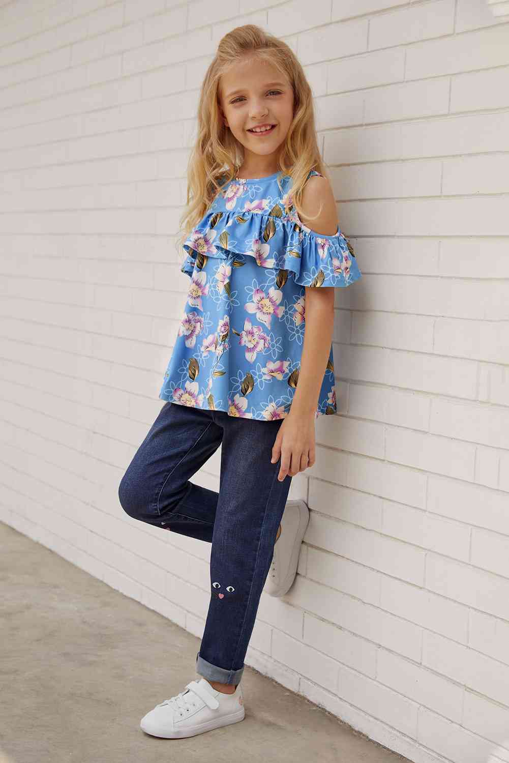 Girls Floral Cold-Shoulder Ruffled Top Kid's Fashion