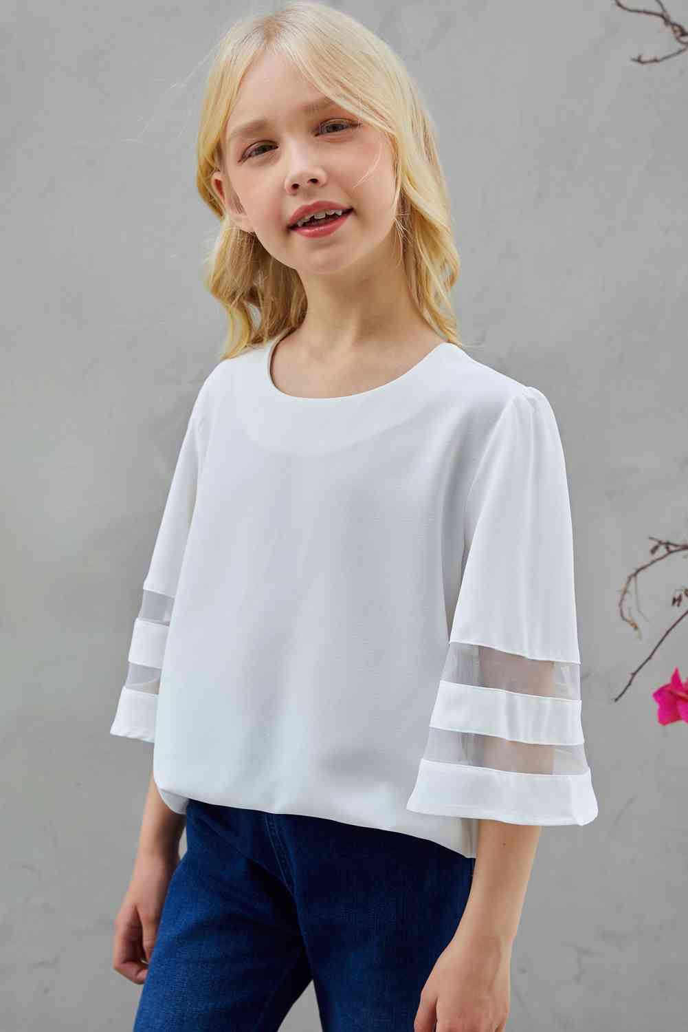 Girls Sheer Striped Flare Sleeve Tee Shirt Kid's Fashion