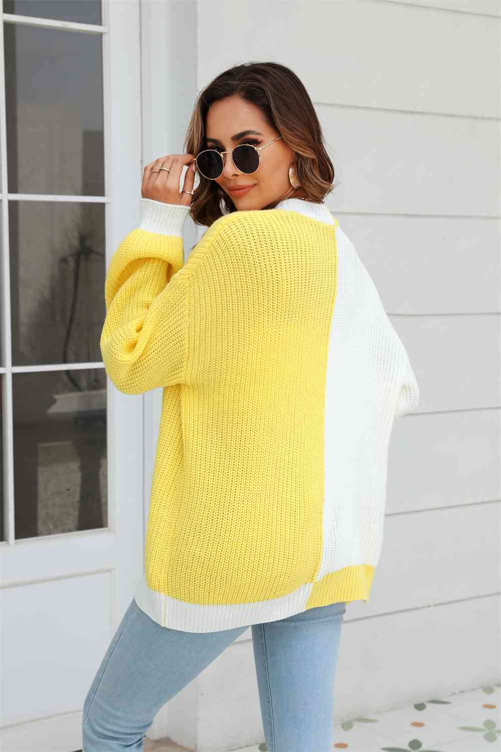 Fashion Sweater Open Front Contrast Color Balloon Sleeve Womens Fashion Cardigan