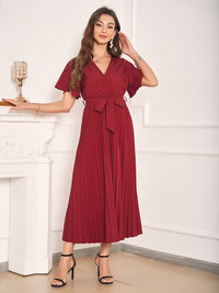 Red Pleated Surplice Short Sleeve Tie Waist Midi Dress