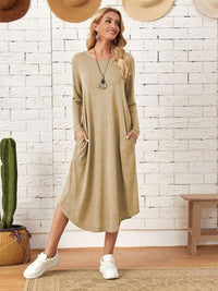 Women's Casual Maxi T-Shirt Dress With Pockets Loungewear Fashion Pocketed Round Neck Long Sleeve Tee Dress