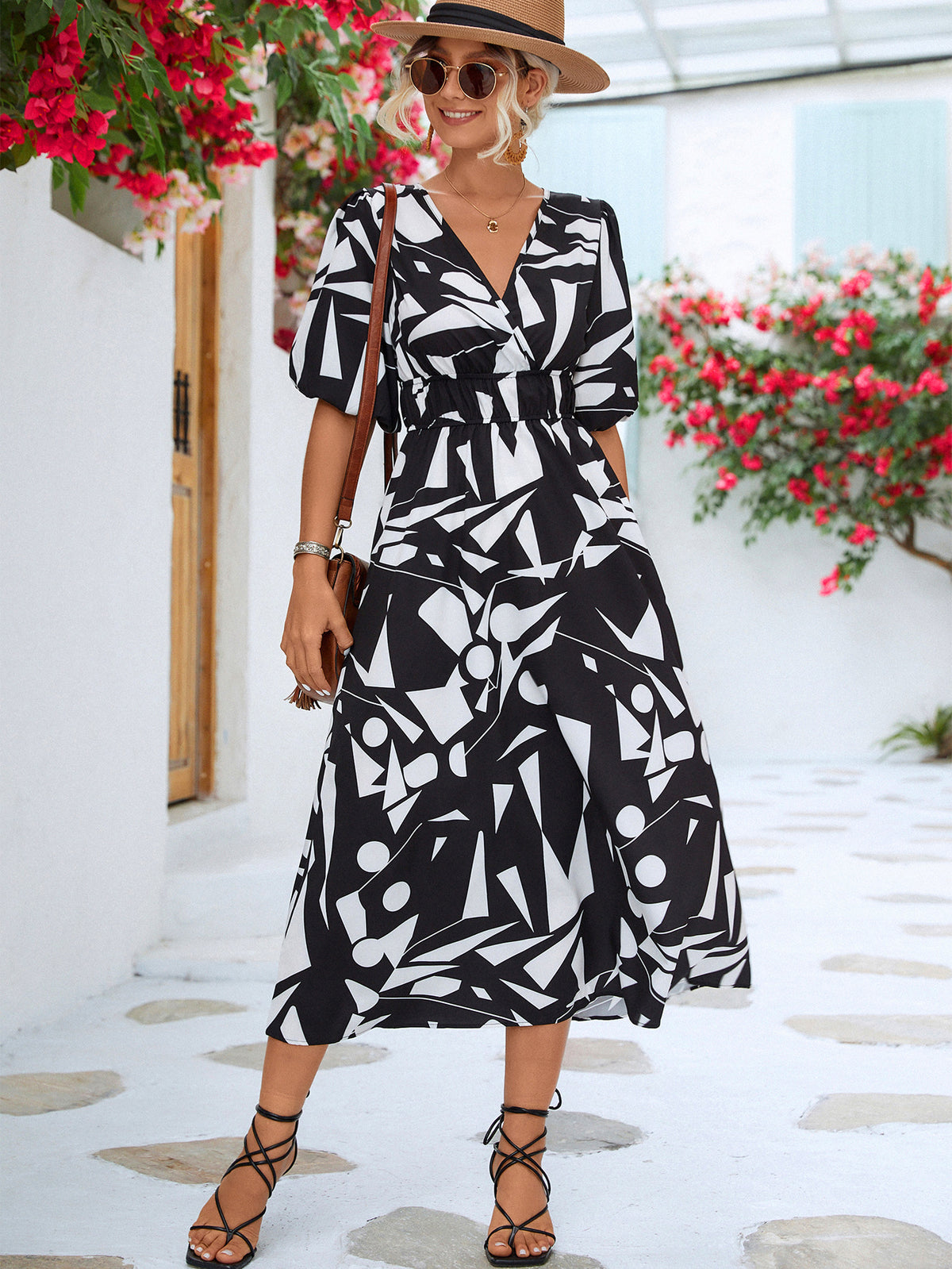 Printed Surplice Balloon Sleeve Dress