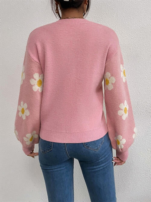 Flower Round Neck Latern Sleeve Sweater