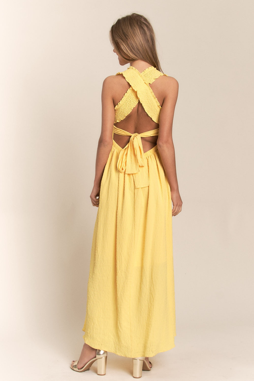 KESLEY Yellow Dress Casual Women's Fashion Texture Criss Cross Back Tie Smocked Maxi Dress Summer Dresses s