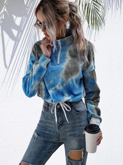 Women's Tie-Dye Sweater Cropped Quarter Zip Dropped Shoulder Fashion Sweatshirt