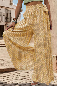 Printed Waist Tied Wide Leg Pants