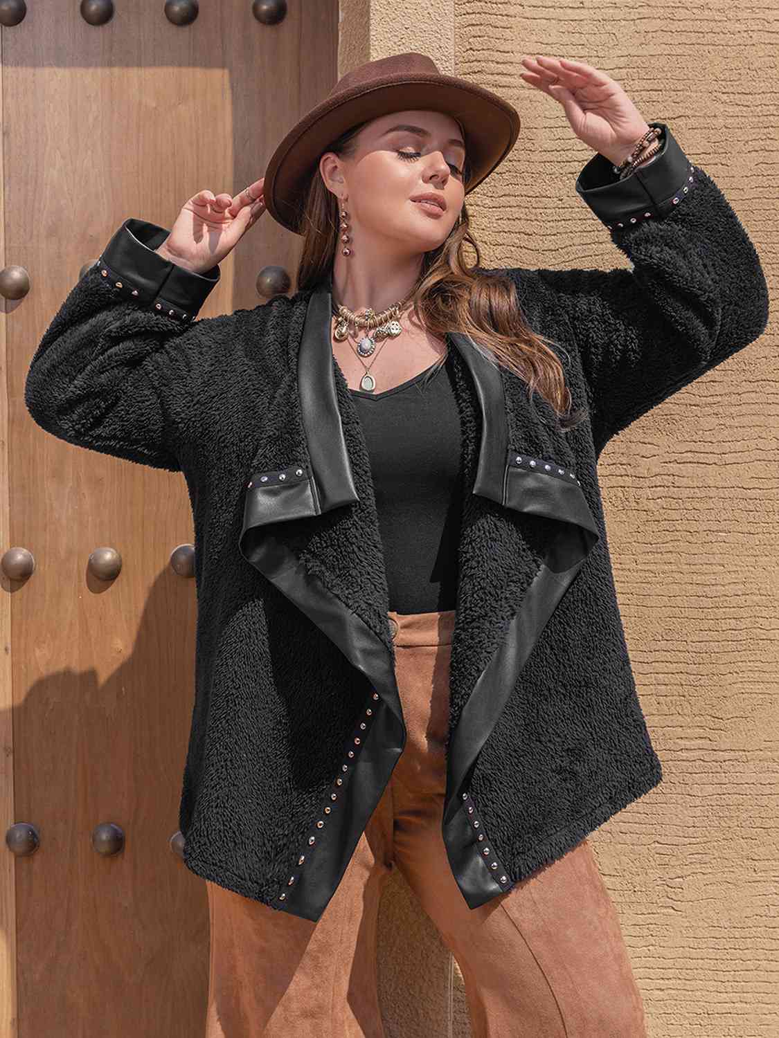 Plus Size Fuzzy Long Sleeve Studded Jacket