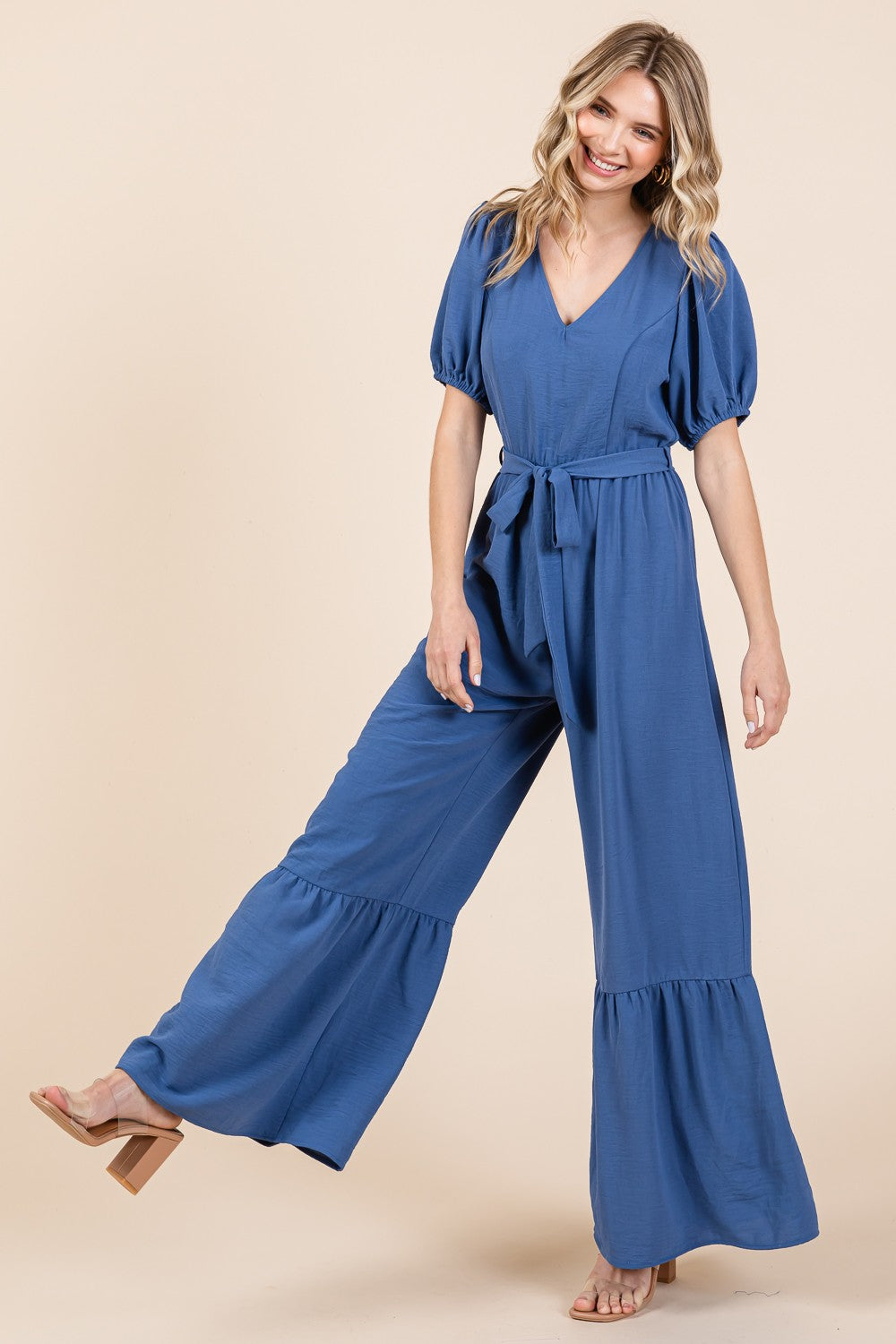 V-Neck Belted Wide Leg Jumpsuit Petite and Plus Size Fashion Pants Romper