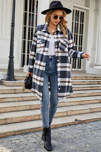 Plaid Button Up Collared Neck Coat Jacket Long Sleeve Button Down Shirt with Pockets