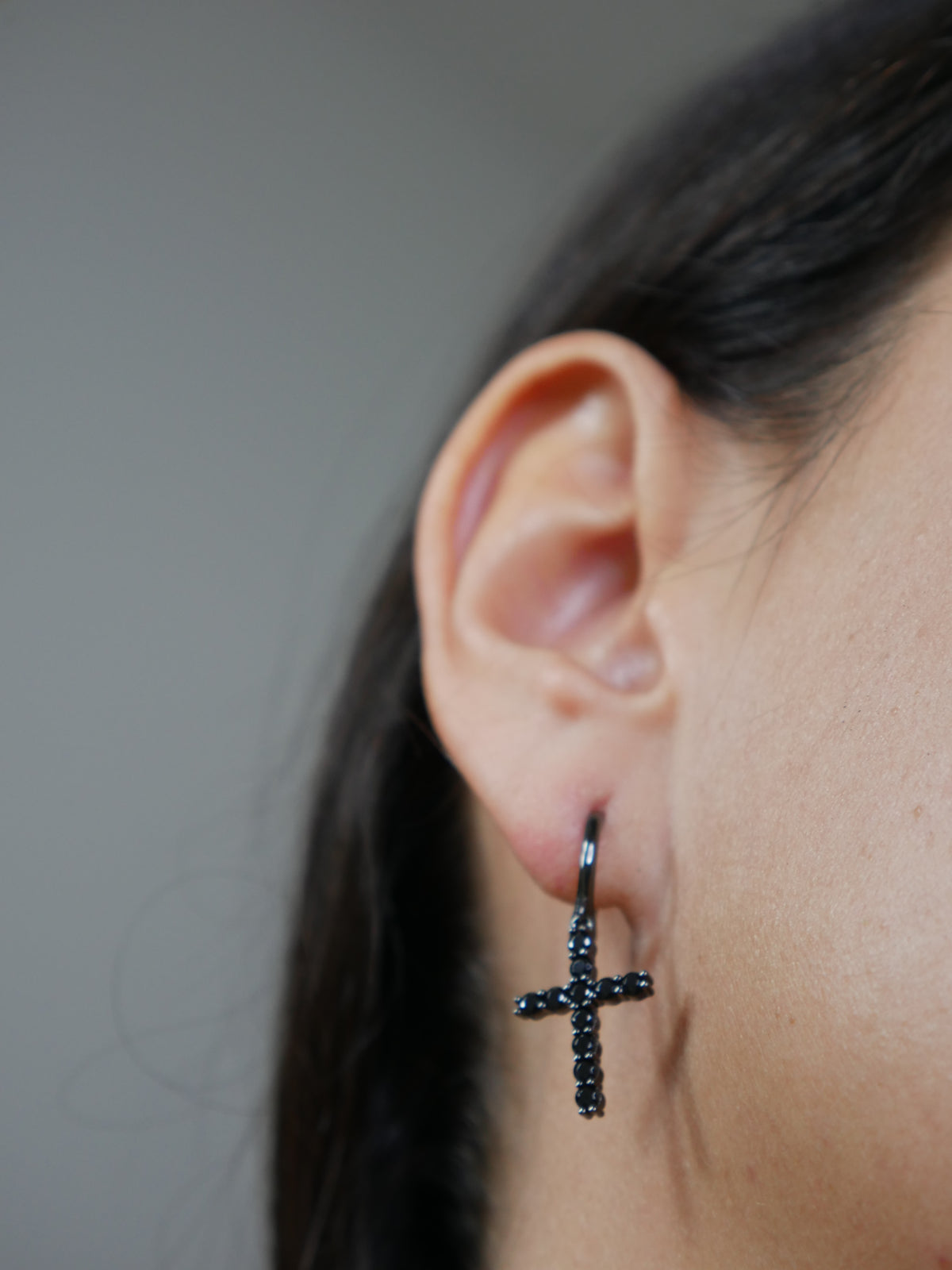 black earrings, cross earrings with black rhinetone, diamonds, designer luxury unisex earrings, sterling silver, waterproof for sensitive ears, unique earrings for men 