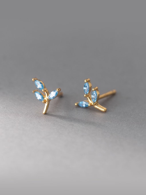 Blue Leaf Diamond CZ .925 Sterling Silver 18K Gold Plated Hypoallergenic Waterproof Stud Earrings