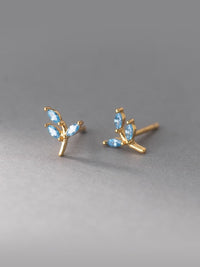 Blue Leaf Diamond CZ .925 Sterling Silver 18K Gold Plated Hypoallergenic Waterproof Stud Earrings