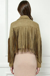 KESLEY Suede Fringe Long Sleeve Moto Jacket