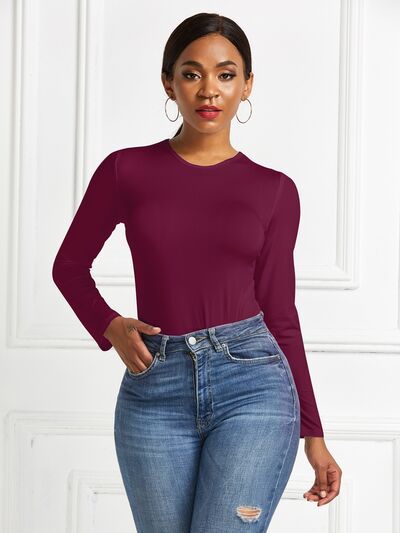 Round Neck Long Sleeve Womens Top Bodysuit