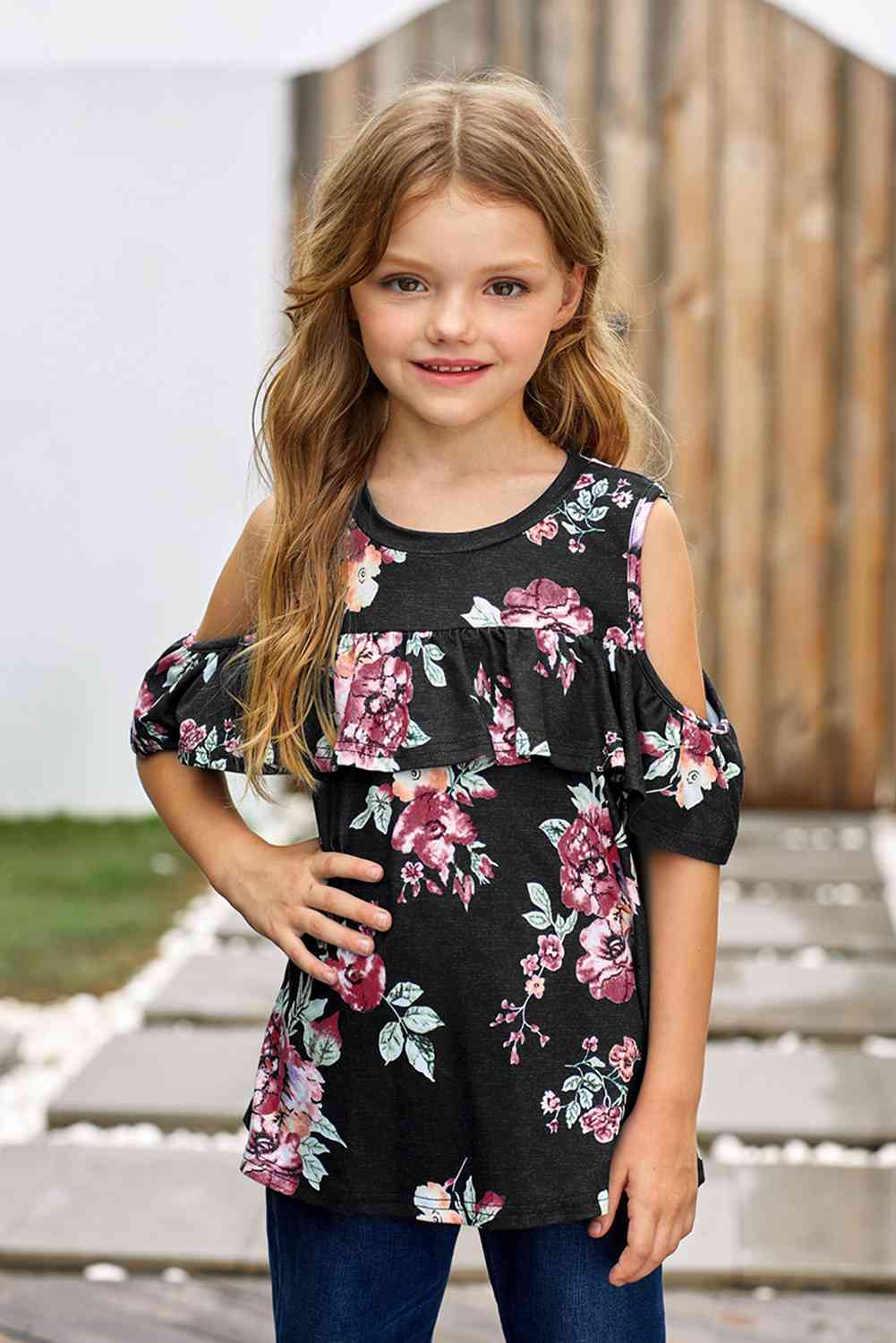 Girls Floral Cold-Shoulder Ruffled Top Kid's Fashion