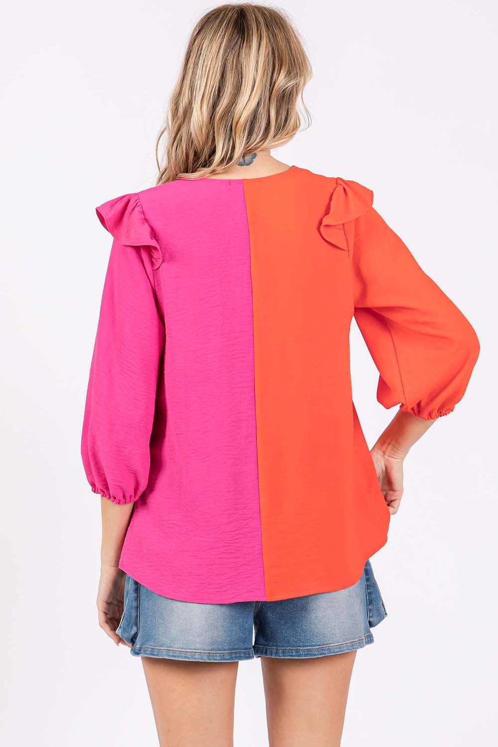 Colorblock Shirt  Women's Fashion Pink and Orange Ruffle Trim Contrast Blouse Petite and Plus Size Fashion