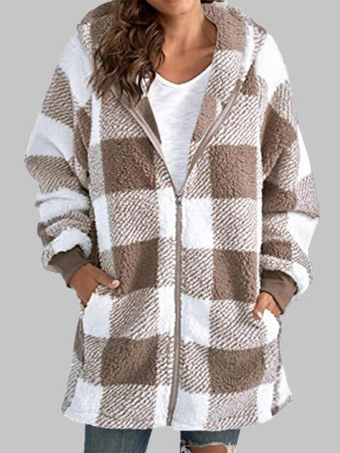 Checkered Plaid Zip-Up Hooded Jacket with Pockets