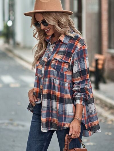 Plaid Button Up Dropped Shoulder Long Sleeve Shirt