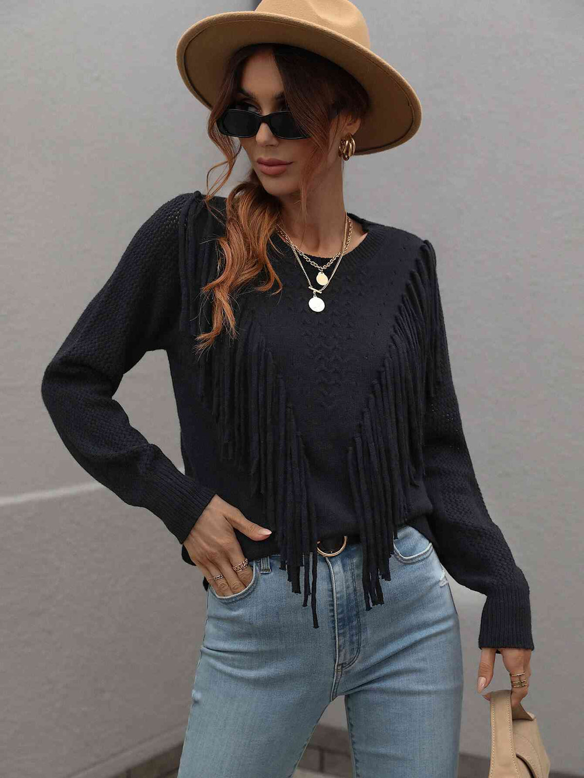 Fringe Long Sleeve Shirt Detail Ribbed Trim Sweater