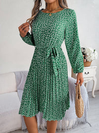 Ditsy Floral Tie Waist Pleated Long Sleeve Dress Women's Casual Wear and Workwear Fashion