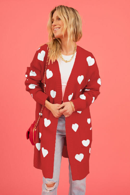 Heart Graphic Open Front Cardigan with Pockets Fashion Sweater