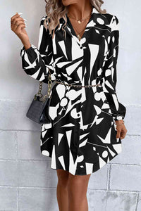 Women's Casual Black and White Geometric Pattern Long Sleeve Shirt Dress