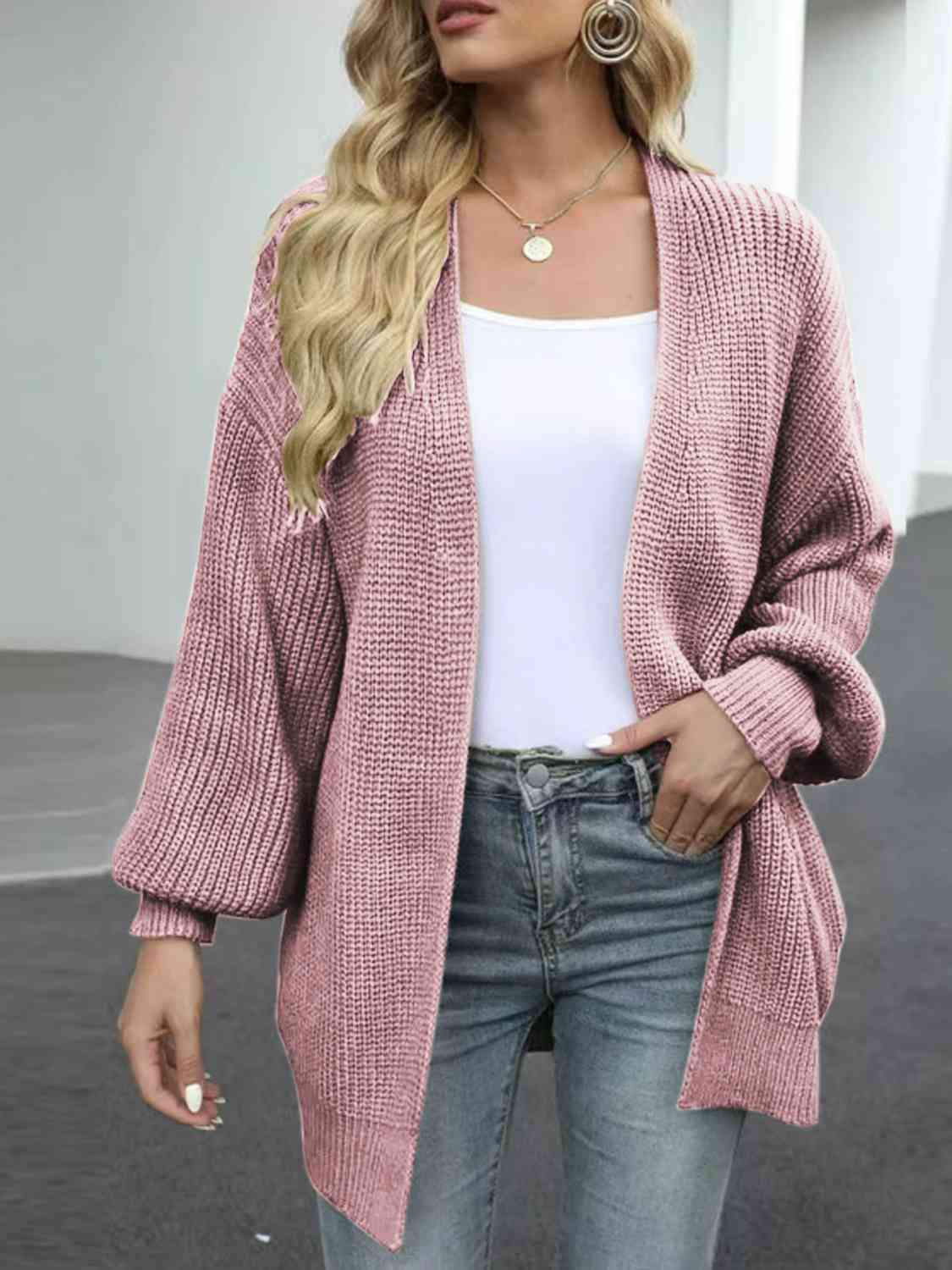 Drop Shoulder Balloon Sleeve Crochet Cardigan