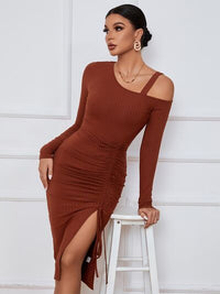 KESLEY Off the Shoulder Ribbed Ruched Drawstring Wrap Slit Long Sleeve Dress