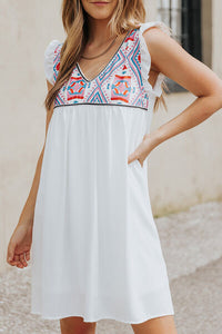 White Dress Ruffled Geometric V-Neck Sleeveless Casual Short Dress